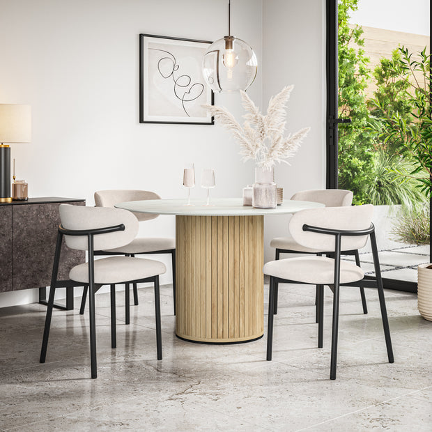 Arlo White Marble Tabletop W Oak Legs + Myla Linen Dining Chair Set
