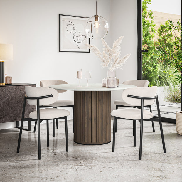 Arlo White Marble Tabletop W Walnut Legs + Myla Linen Dining Chair Set