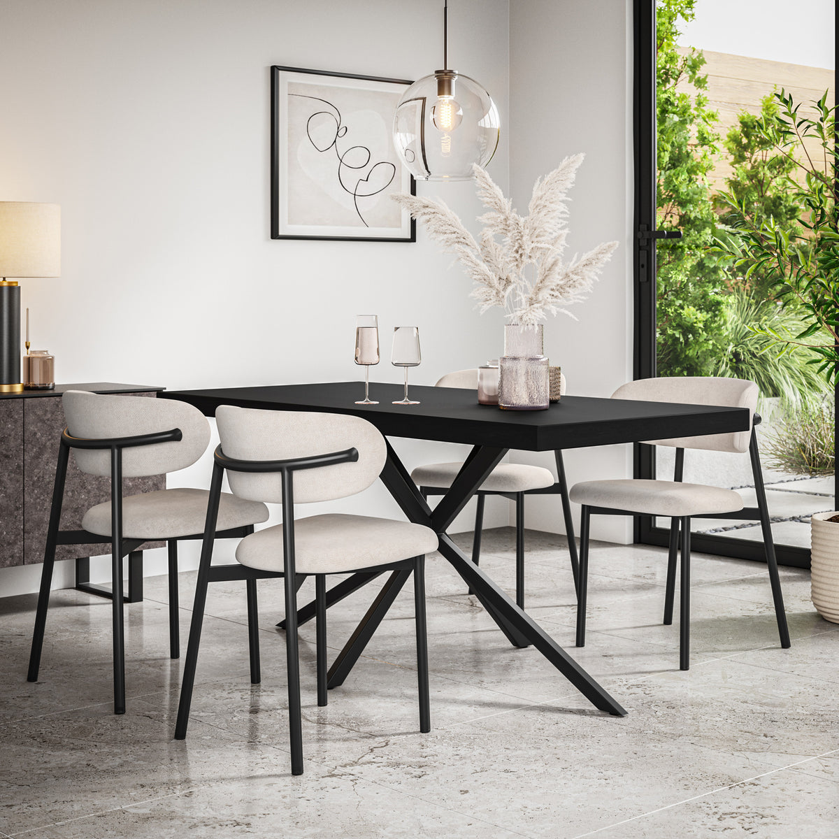 Donni Rectangle Black Top Dining Table & Myla Linen Chair