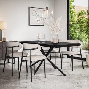 Donni Rectangle Black Top Dining Table & Myla Linen Chair