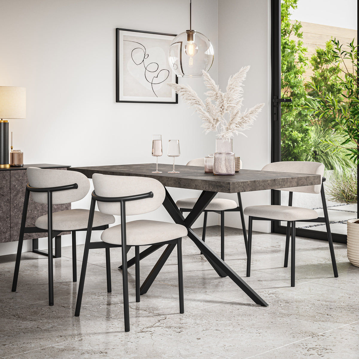 Donni Rectangle Concrete Effect Top Dining Table & Myla Linen Chair