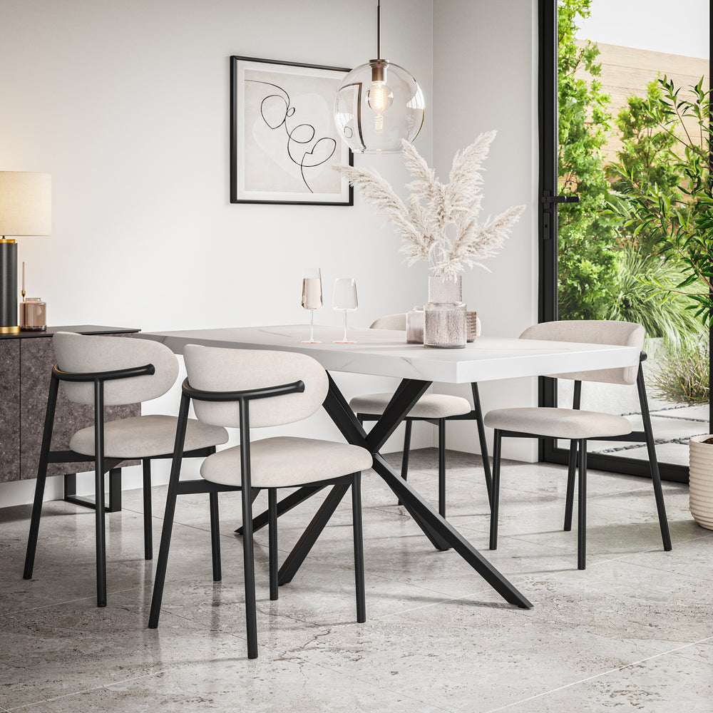 Donni Rectangle White Marble Top Dining Table & Myla Linen Chair