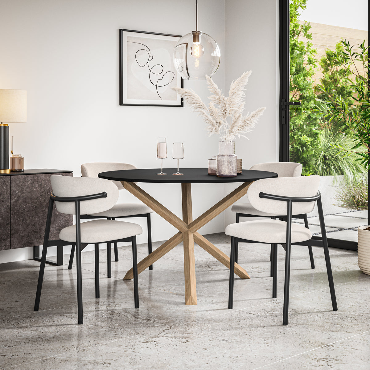 Malvern Black Top W Oak Leg Dining Table & Myla Linen Chair