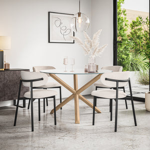 Malvern Glass Top W Oak Leg Dining Table & Myla Linen Chair