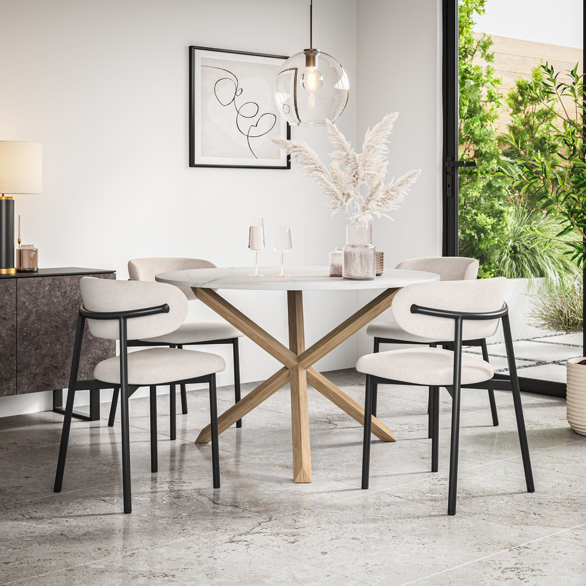 Malvern Marble Effect Top W Oak Leg Dining Table & Myla Linen Chair