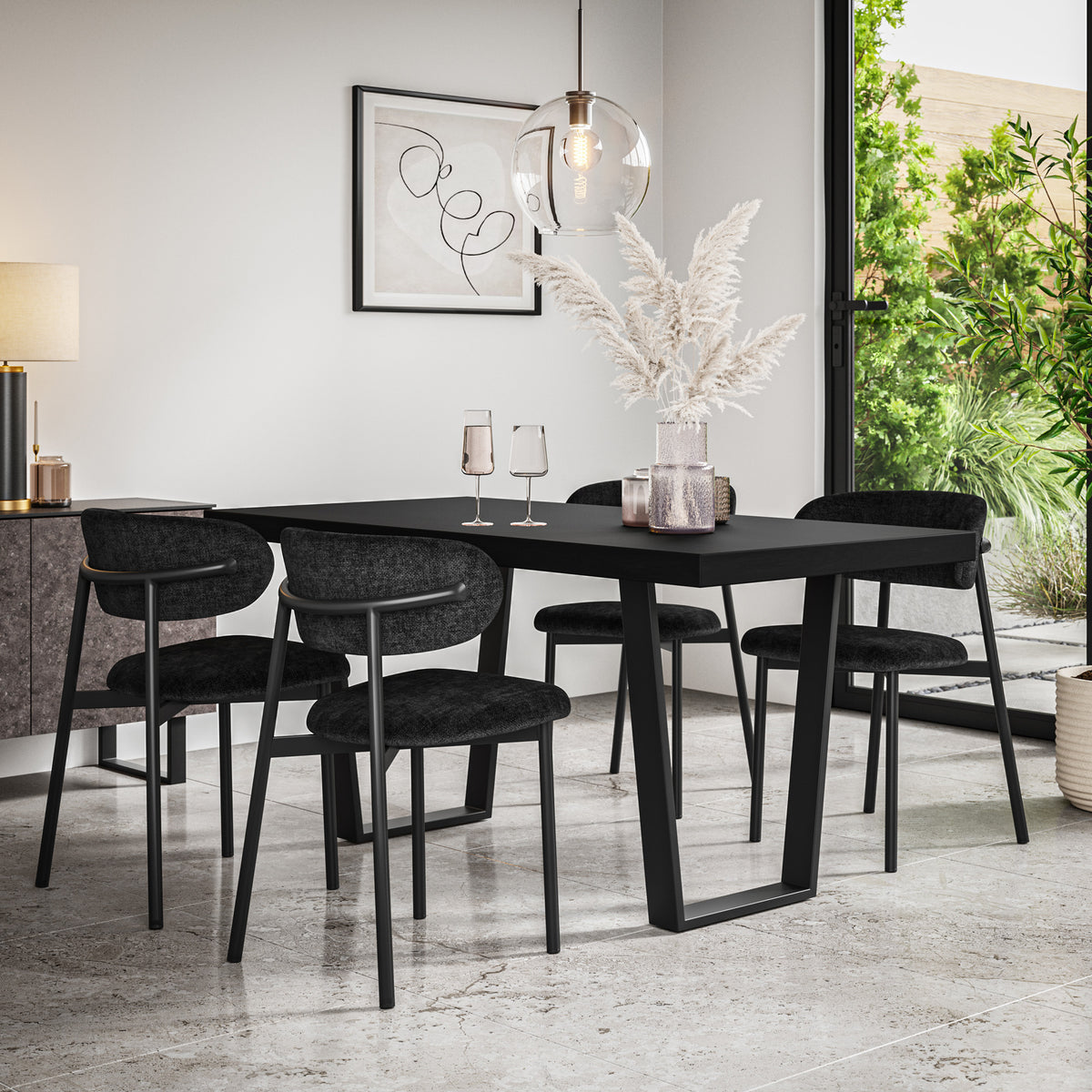Aria Black Top Rectangle Dining Table & Myla Linen Chair