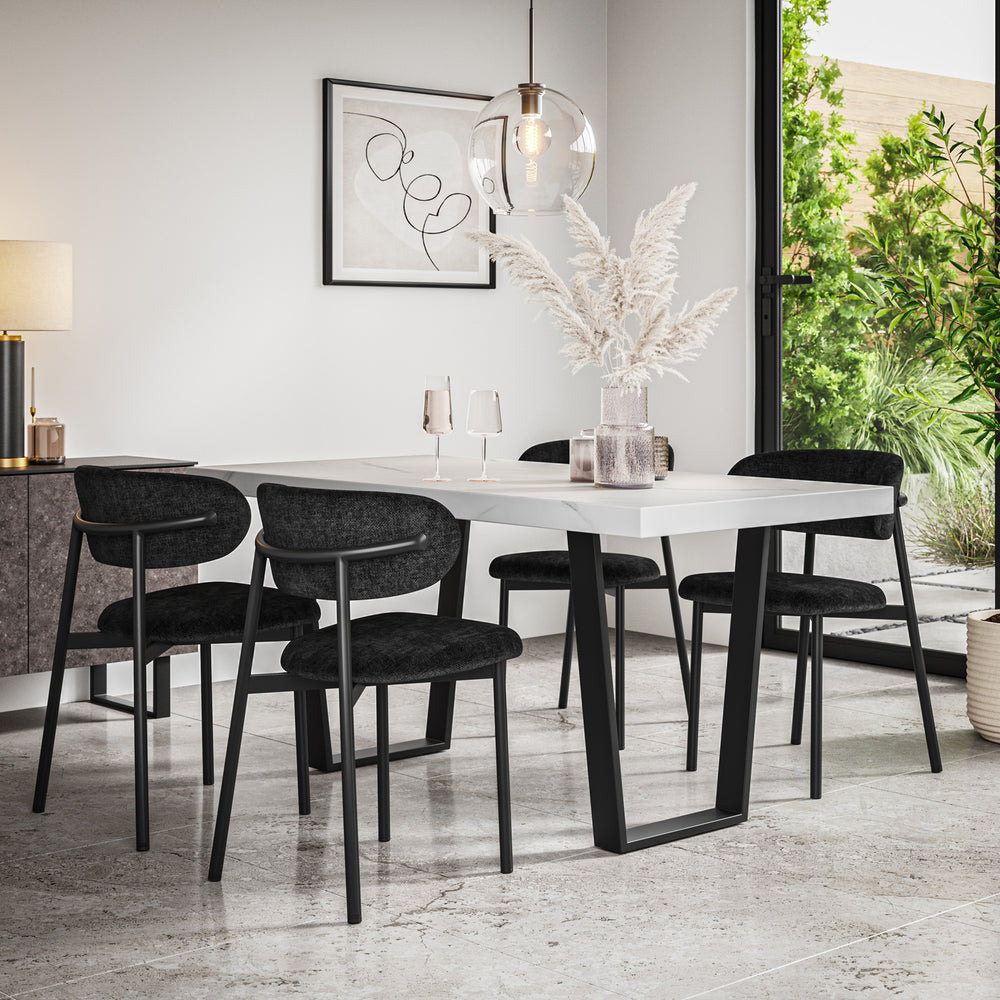 Aria White Marble Top Rectangle Dining Table & Myla Linen Chair