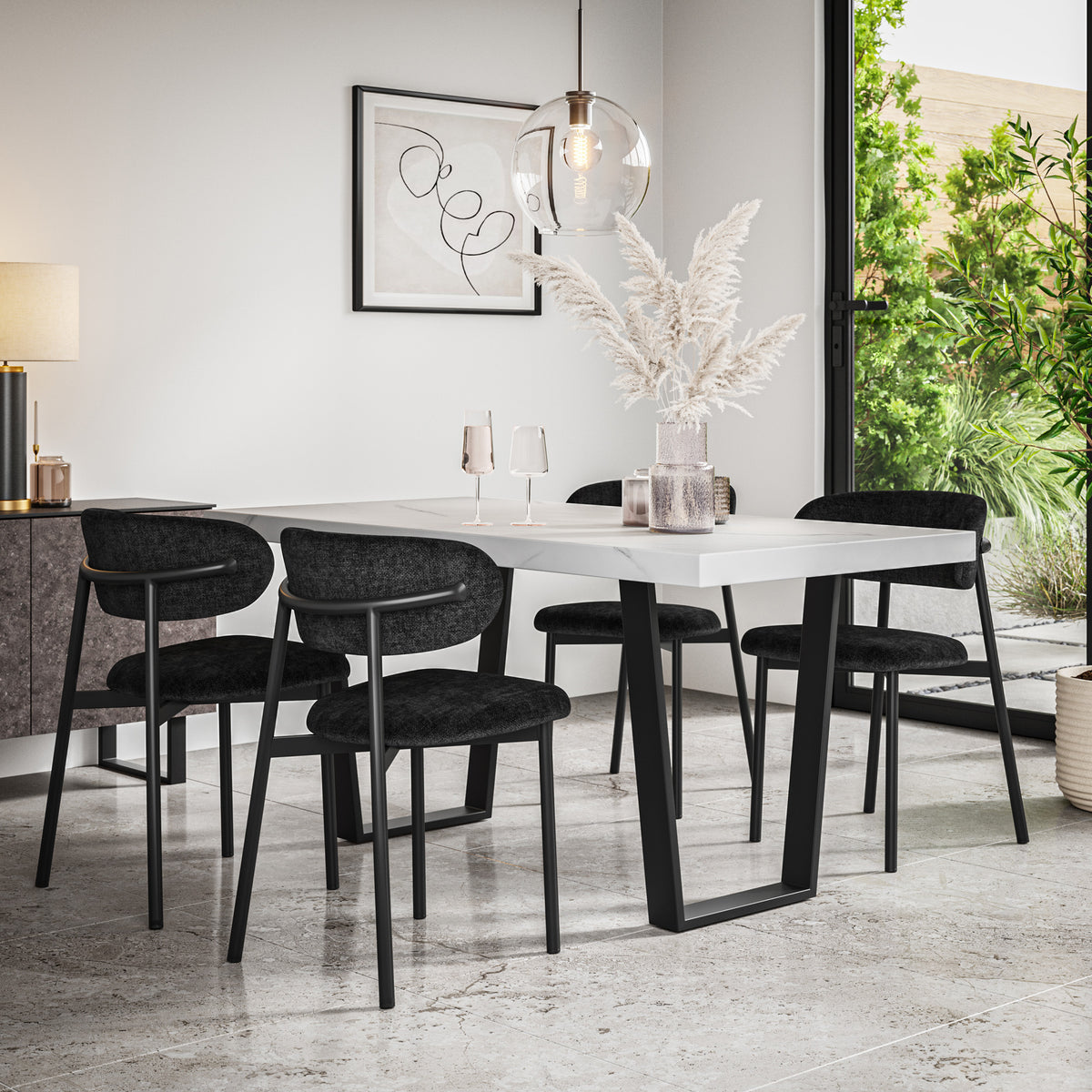 Aria White Marble Top Rectangle Dining Table & Myla Linen Chair