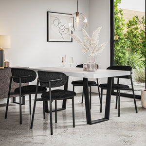 Aria White Marble Top Rectangle Dining Table & Myla Linen Chair