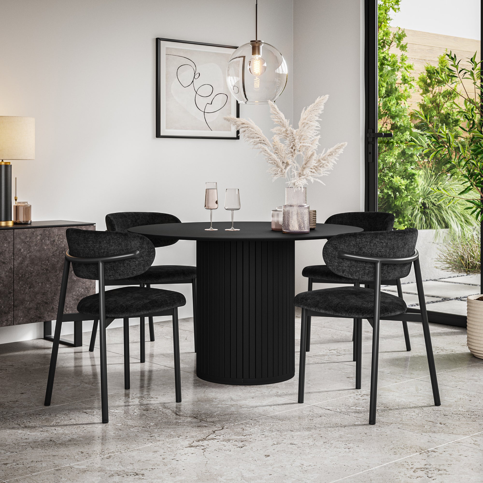 Arlo Black Tabletop W Black Legs + Myla Linen Dining Chair Set