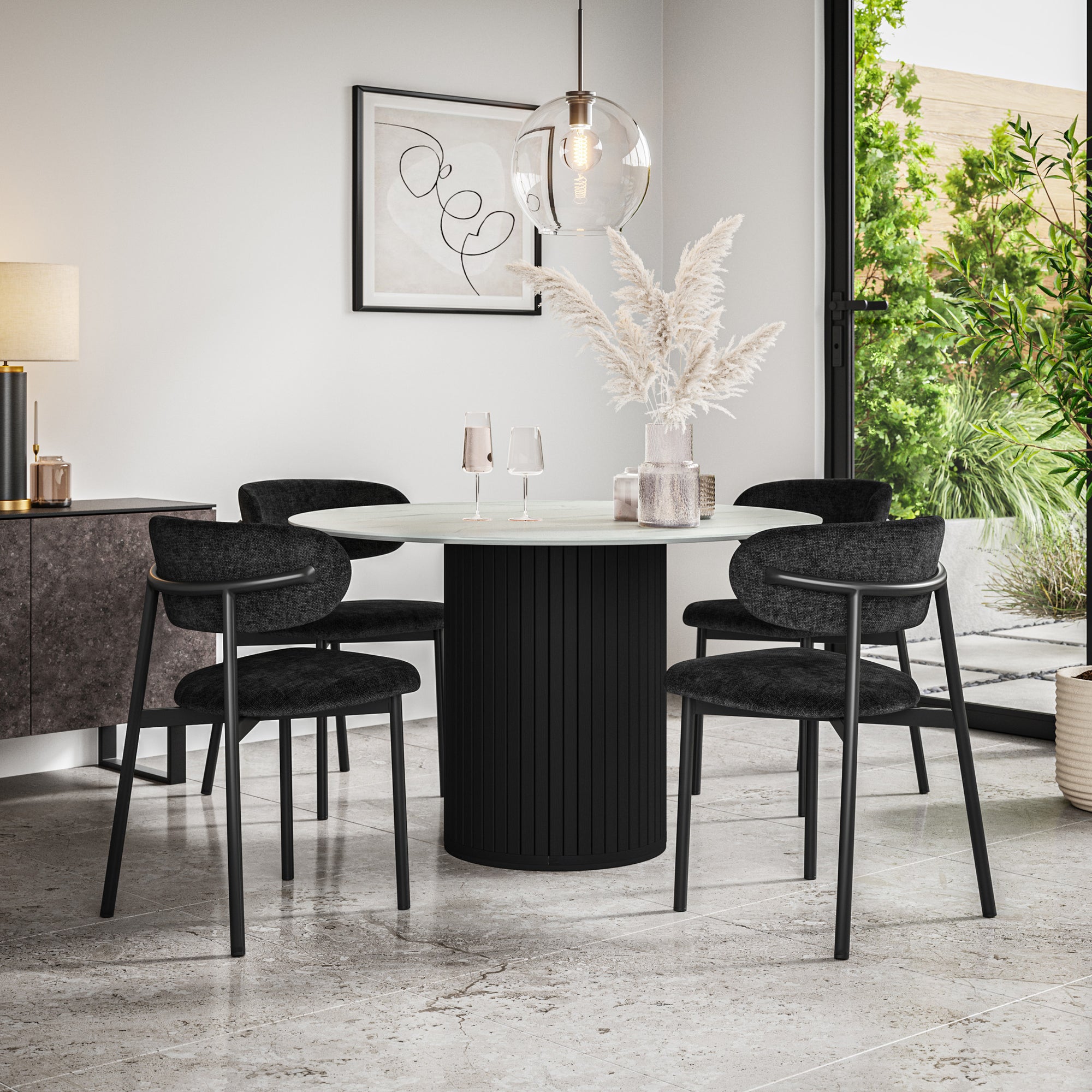 Arlo White Marble Tabletop W Black Legs + Myla Linen Dining Chair Set