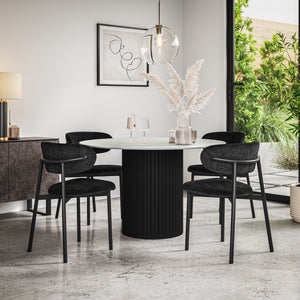 Arlo White Marble Tabletop W Black Legs + Myla Linen Dining Chair Set