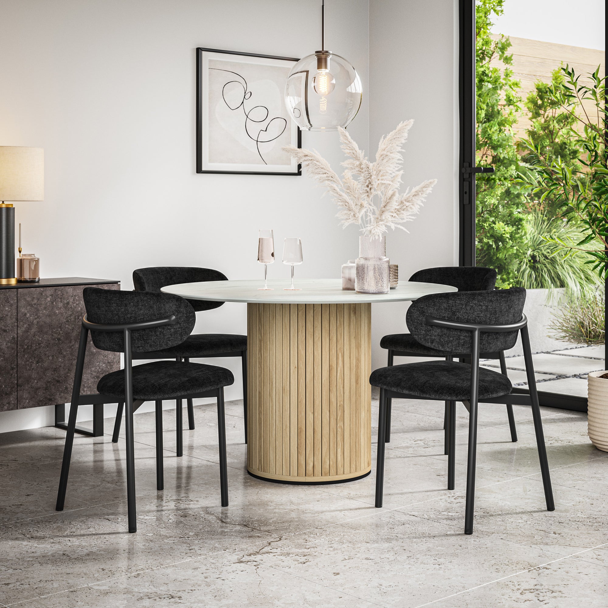 Arlo White Marble Tabletop W Oak Legs + Myla Linen Dining Chair Set