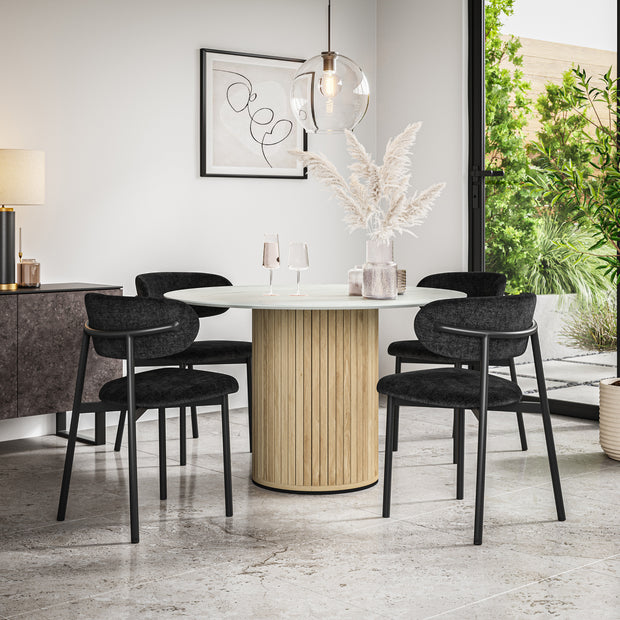 Arlo White Marble Tabletop W Oak Legs + Myla Linen Dining Chair Set