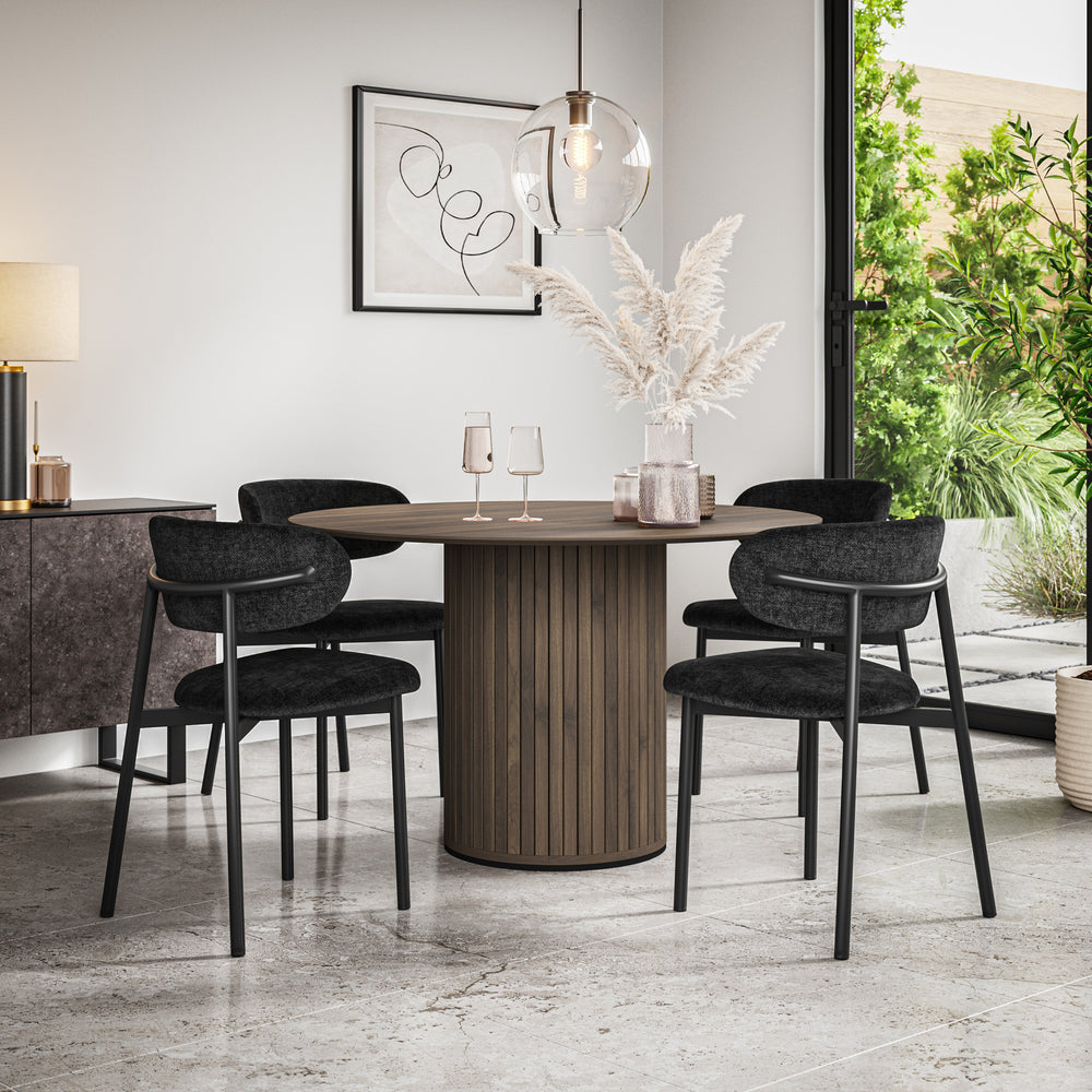 Arlo Walnut Tabletop W Walnut Legs + Myla Linen Dining Chair Set
