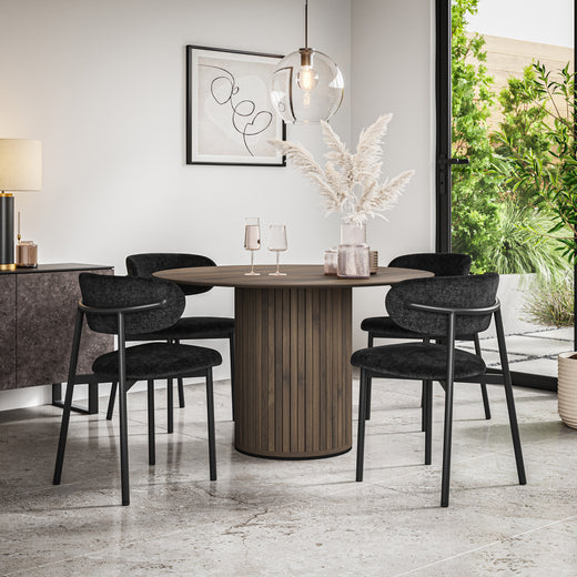 Arlo Walnut Tabletop W Walnut Legs + Myla Linen Dining Chair Set