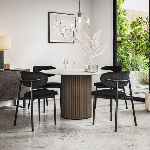 Arlo White Marble Tabletop W Walnut Legs + Myla Linen Dining Chair Set