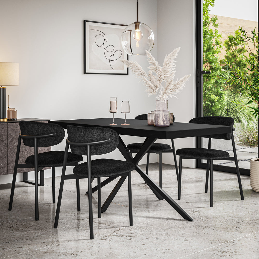 Donni Rectangle Black Top Dining Table & Myla Linen Chair