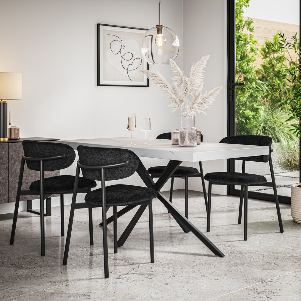 Donni Rectangle White Marble Top Dining Table & Myla Linen Chair