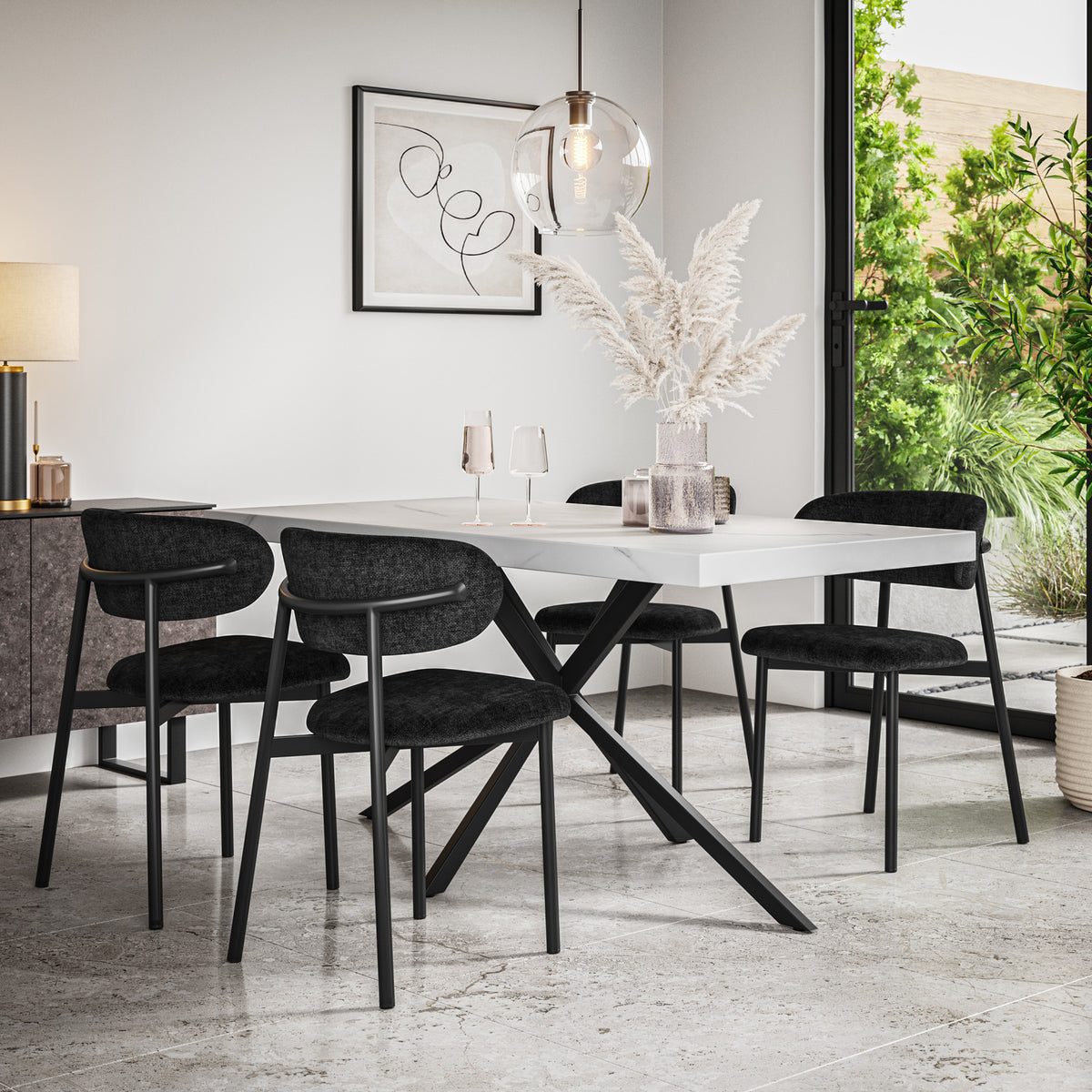 Donni Rectangle White Marble Top Dining Table & Myla Linen Chair