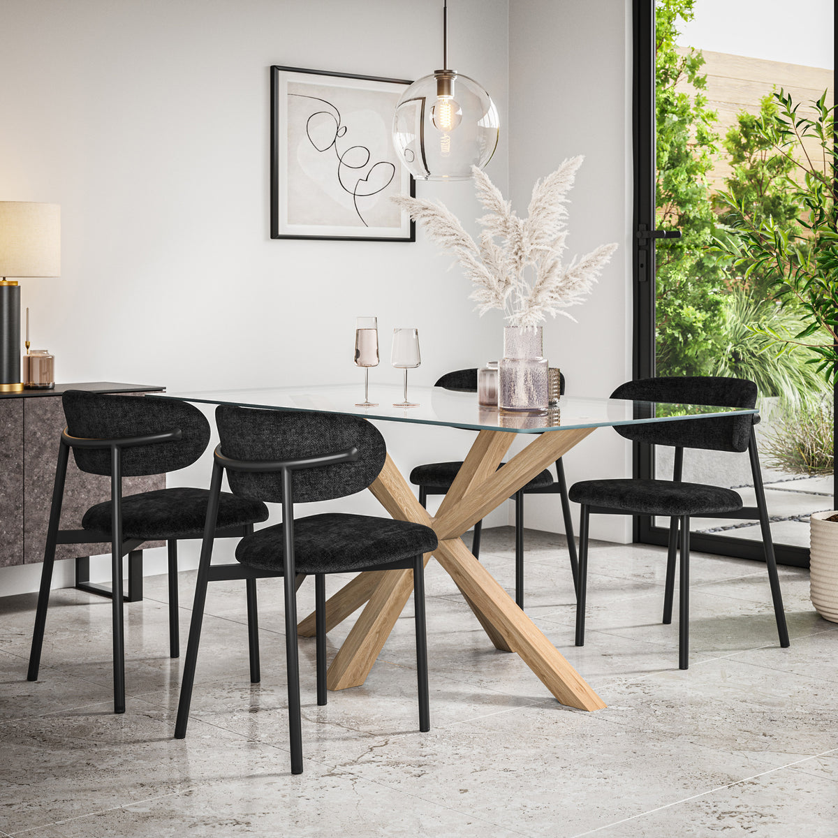 Etta Rectangle Glass Top Dining Table & Myla Linen Chair