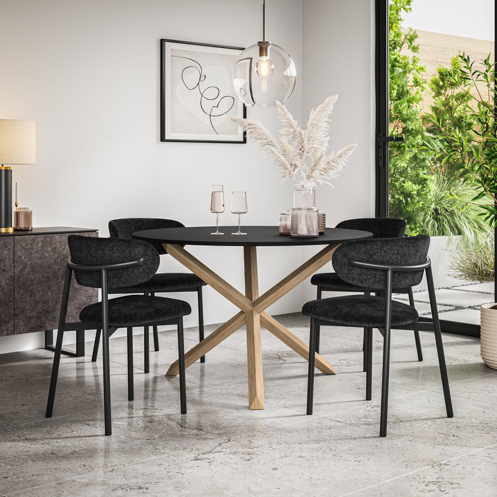 Malvern Black Top W Oak Leg Dining Table & Myla Linen Chair