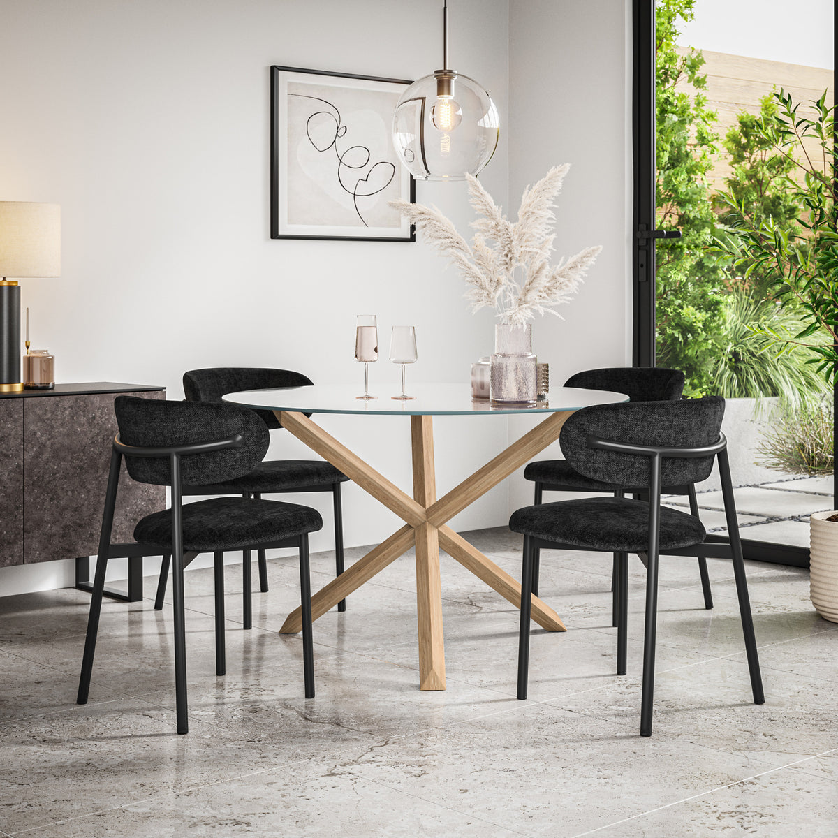 Malvern Glass Top W Oak Leg Dining Table & Myla Linen Chair