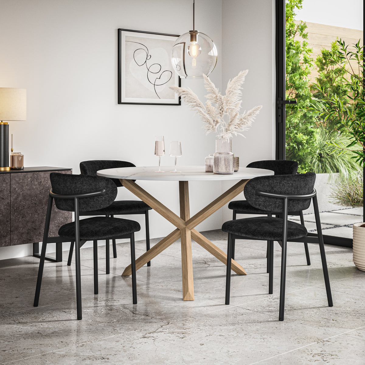 Malvern Marble Effect Top W Oak Leg Dining Table & Myla Linen Chair