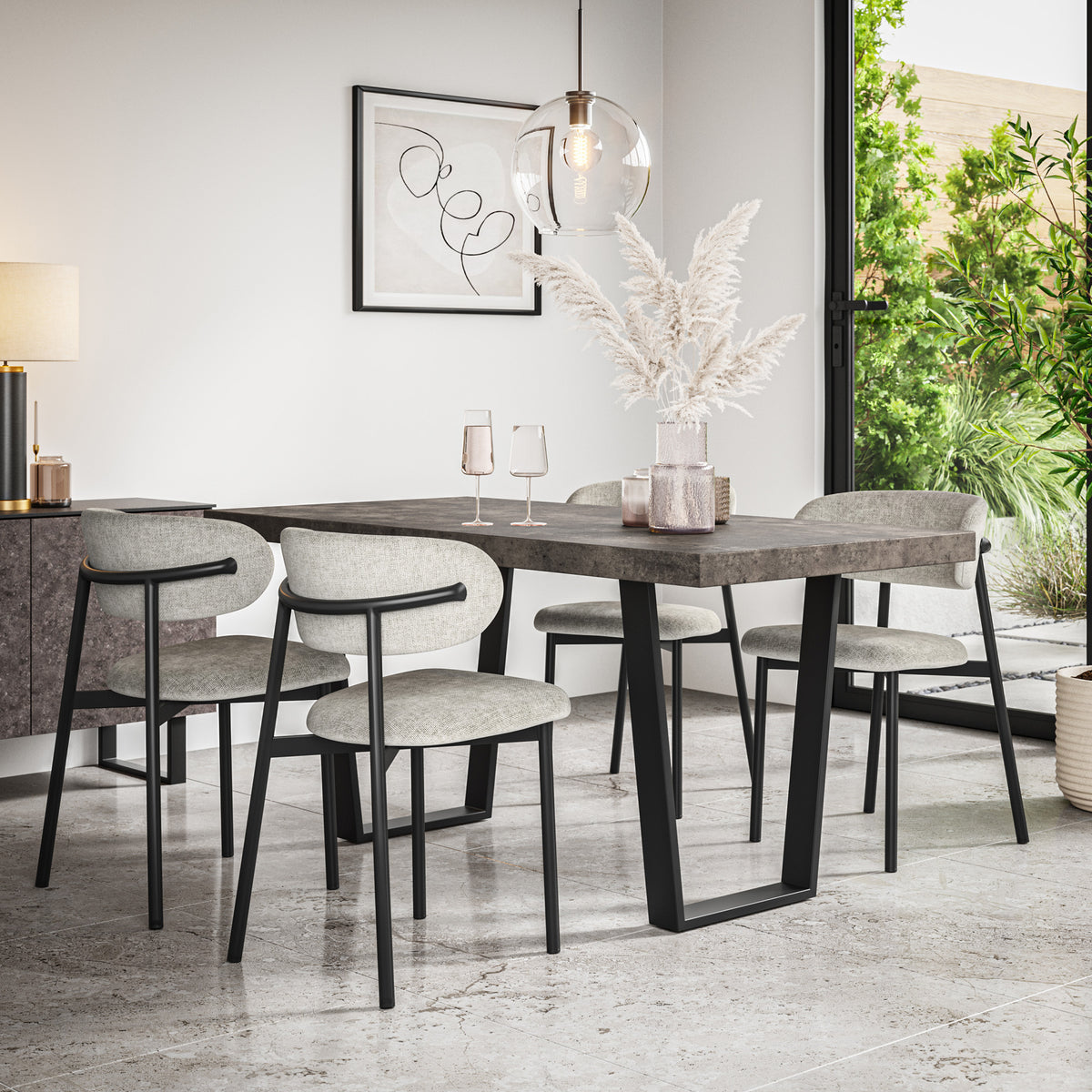 Aria Concrete Effect Top Rectangle Dining Table & Myla Linen Chair