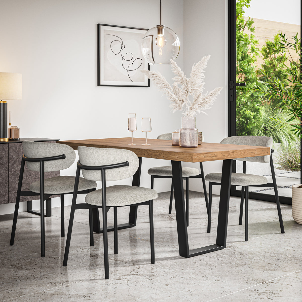 Aria Oak Effect Top Rectangle Dining Table & Myla Linen Chair