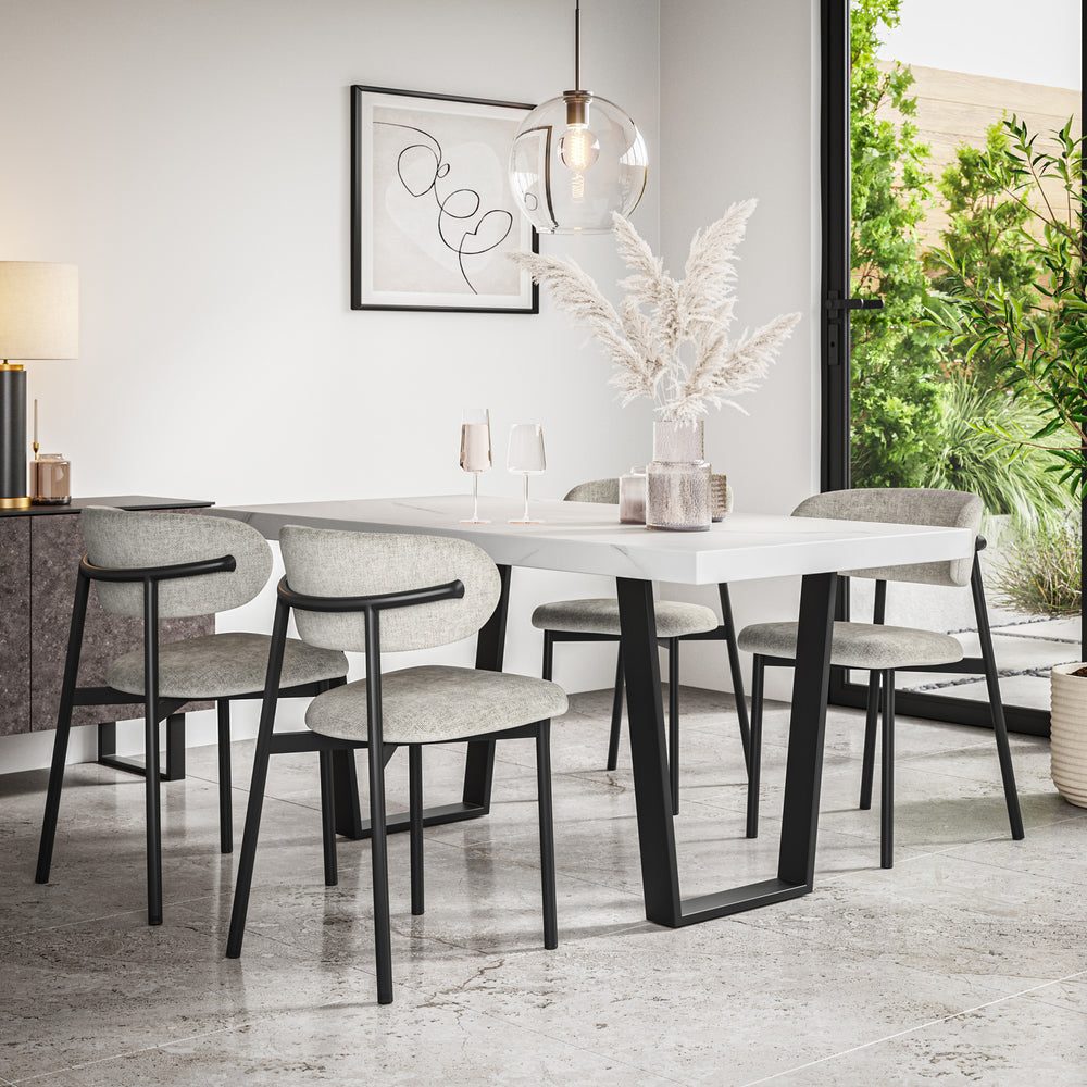 Aria White Marble Top Rectangle Dining Table & Myla Linen Chair