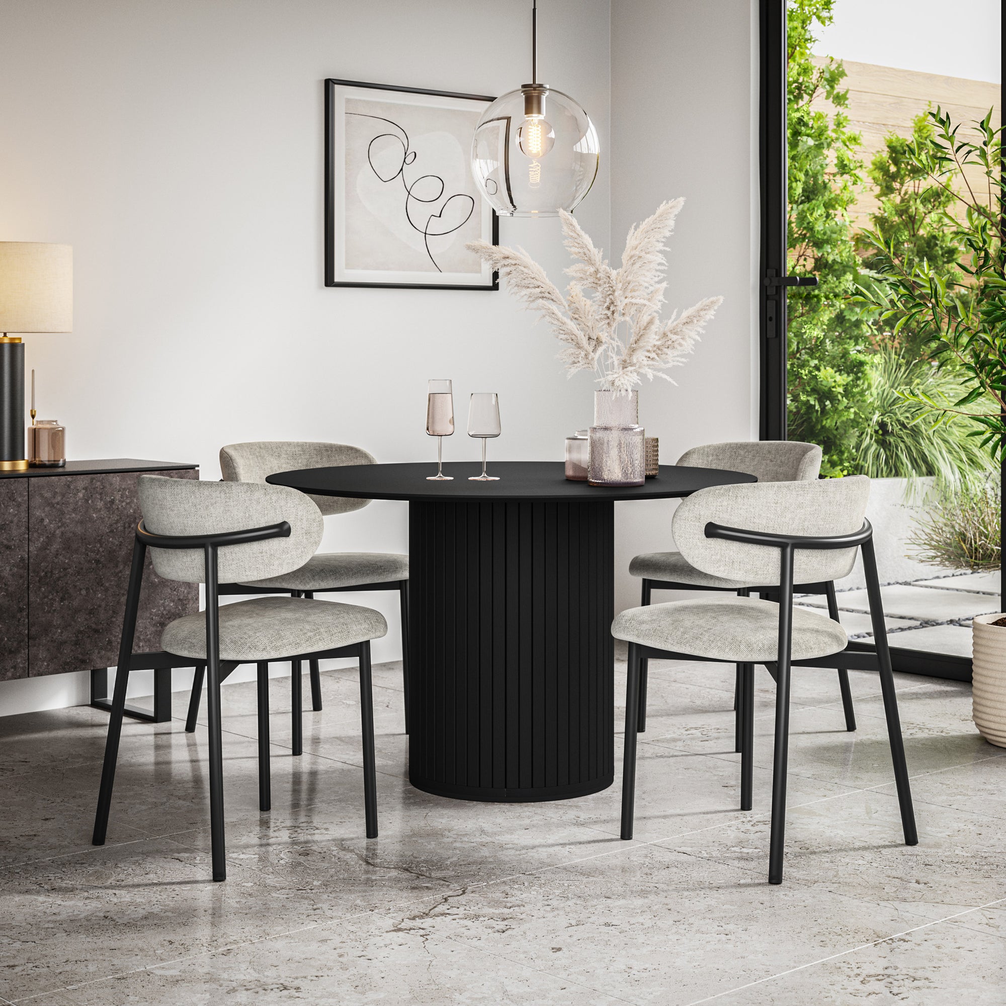 Arlo Black Tabletop W Black Legs + Myla Linen Dining Chair Set