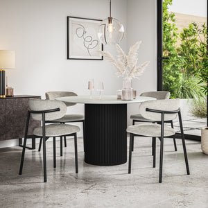 Arlo White Marble Tabletop W Black Legs + Myla Linen Dining Chair Set