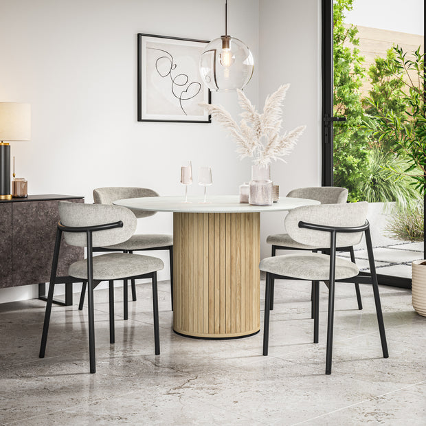Arlo White Marble Tabletop W Oak Legs + Myla Linen Dining Chair Set