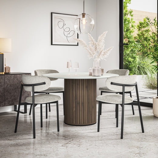 Arlo White Marble Tabletop W Walnut Legs + Myla Linen Dining Chair Set