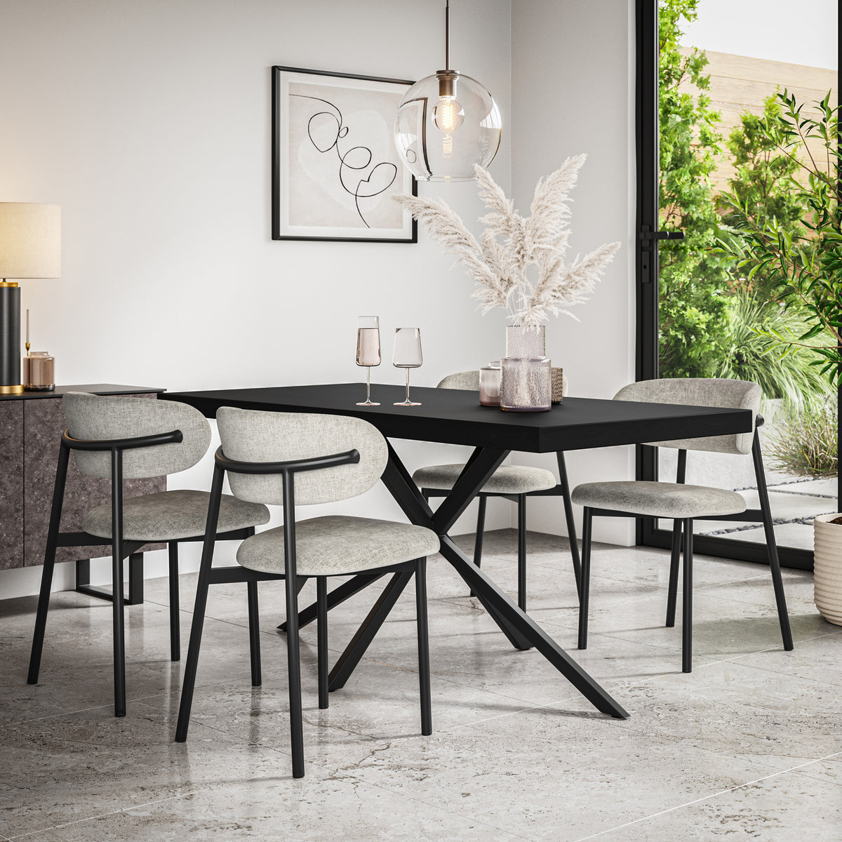 Donni Rectangle Black Top Dining Table & Myla Linen Chair