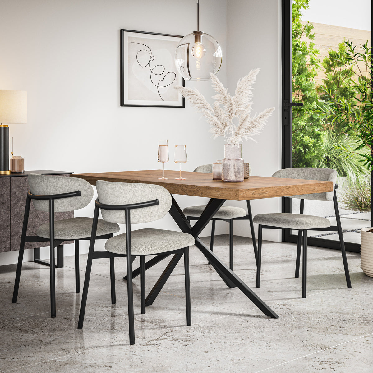 Donni Rectangle Oak Effect Top Dining Table & Myla Linen Chair