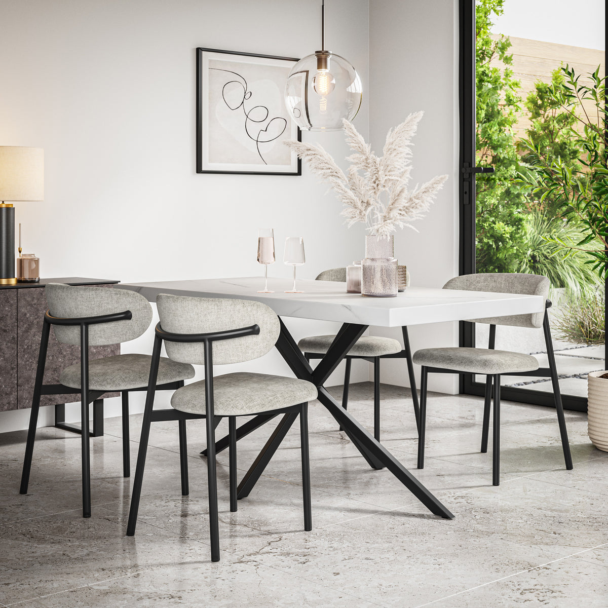 Donni Rectangle White Marble Top Dining Table & Myla Linen Chair