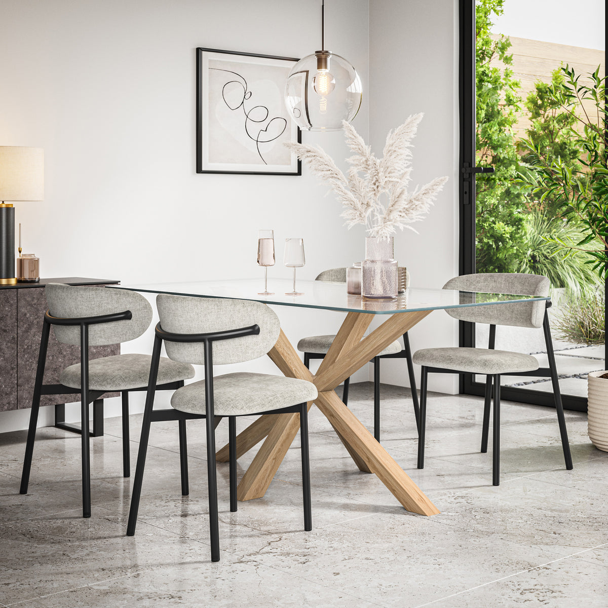 Etta Rectangle Glass Top Dining Table & Myla Linen Chair