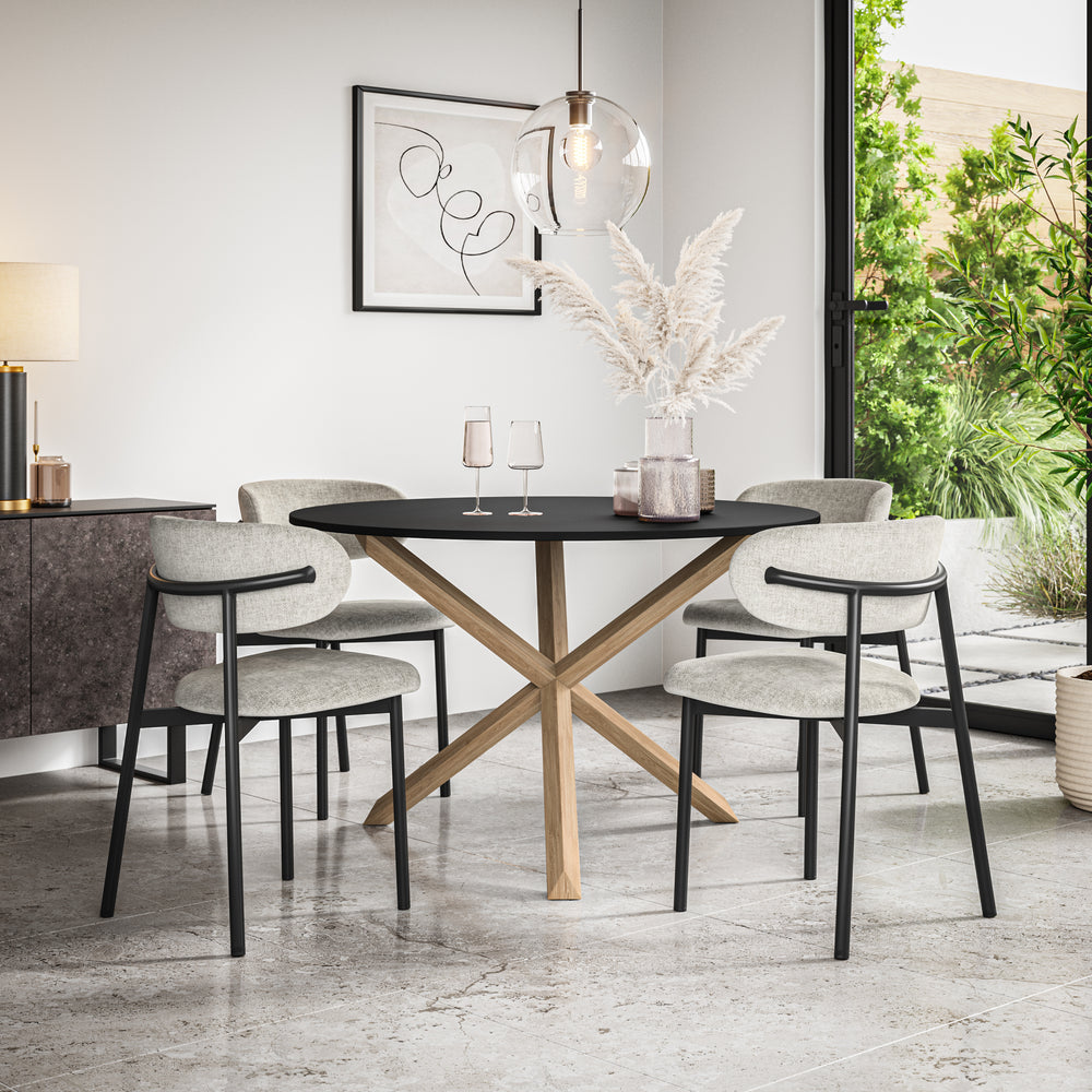 Malvern Black Top W Oak Leg Dining Table & Myla Linen Chair