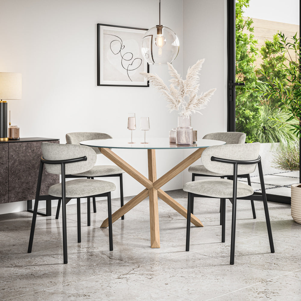 Malvern Glass Top W Oak Leg Dining Table & Myla Linen Chair