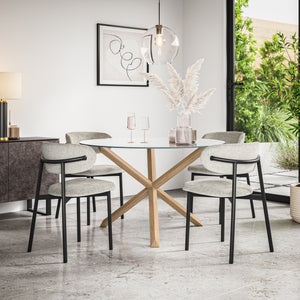 Malvern Glass Top W Oak Leg Dining Table & Myla Linen Chair