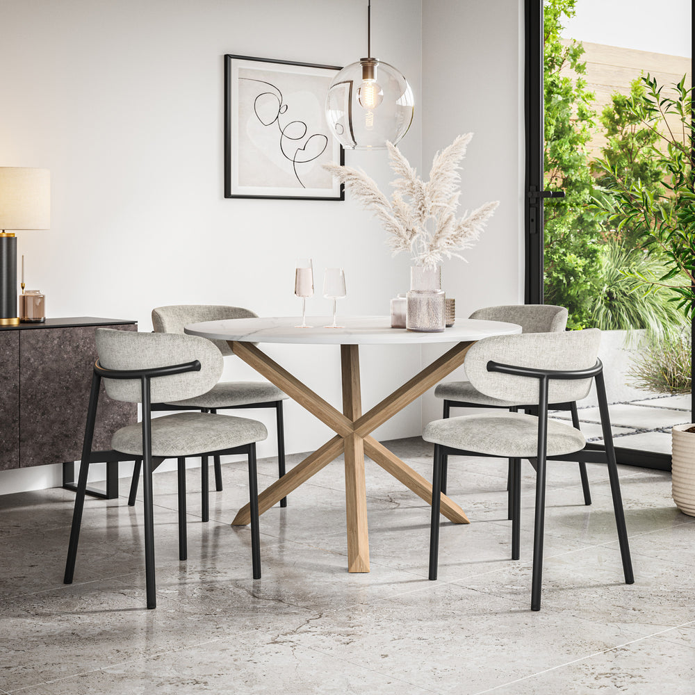Malvern Marble Effect Top W Oak Leg Dining Table & Myla Linen Chair