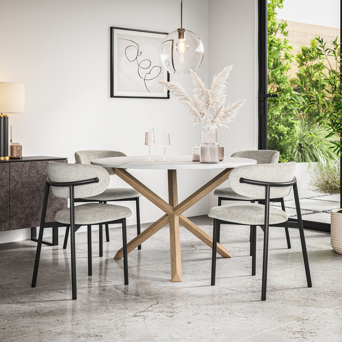 Malvern Marble Effect Top W Oak Leg Dining Table & Myla Linen Chair