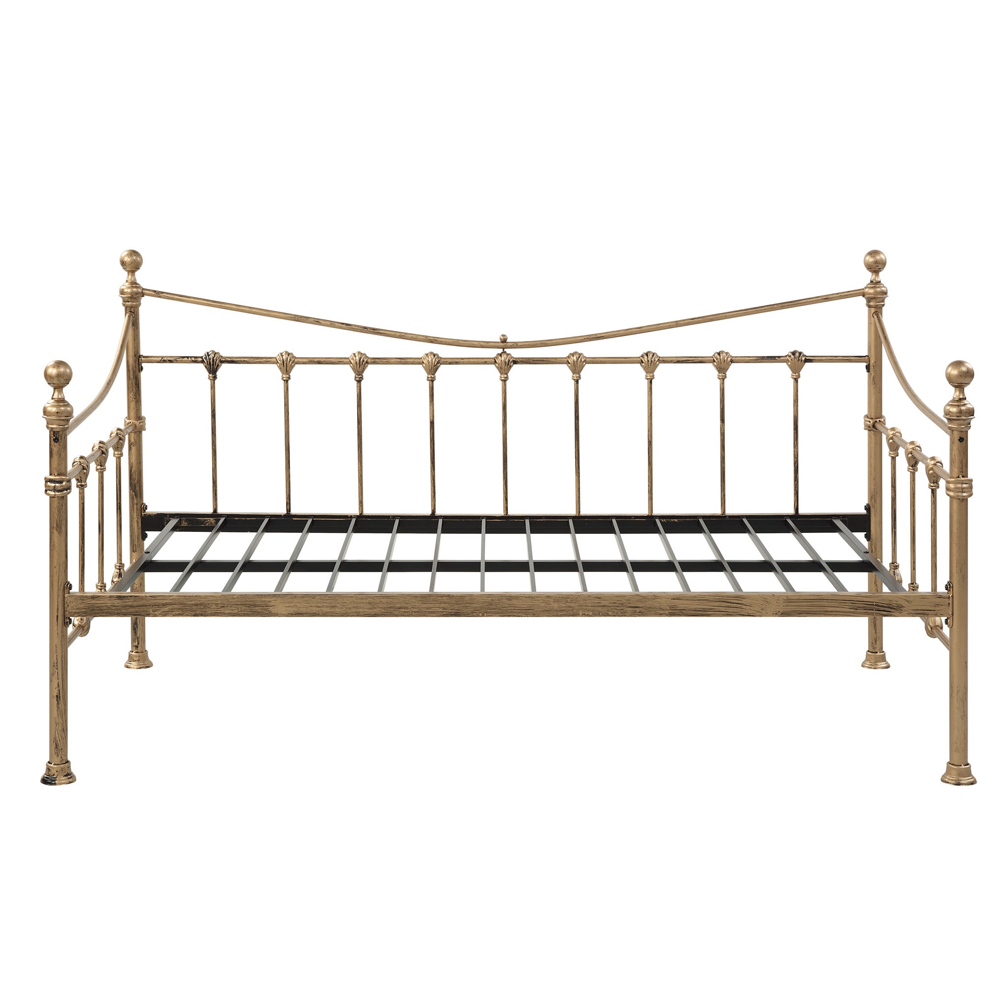 Brass-coloured metal day bed against a plain white backdrop.