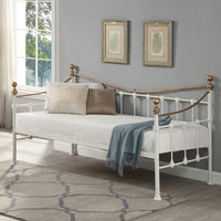 A brass and white metal day bed is adorned with white bedding, decorative pillows, and a light grey throw blanket. Two botanical paintings hang above the bed on a grey wall.