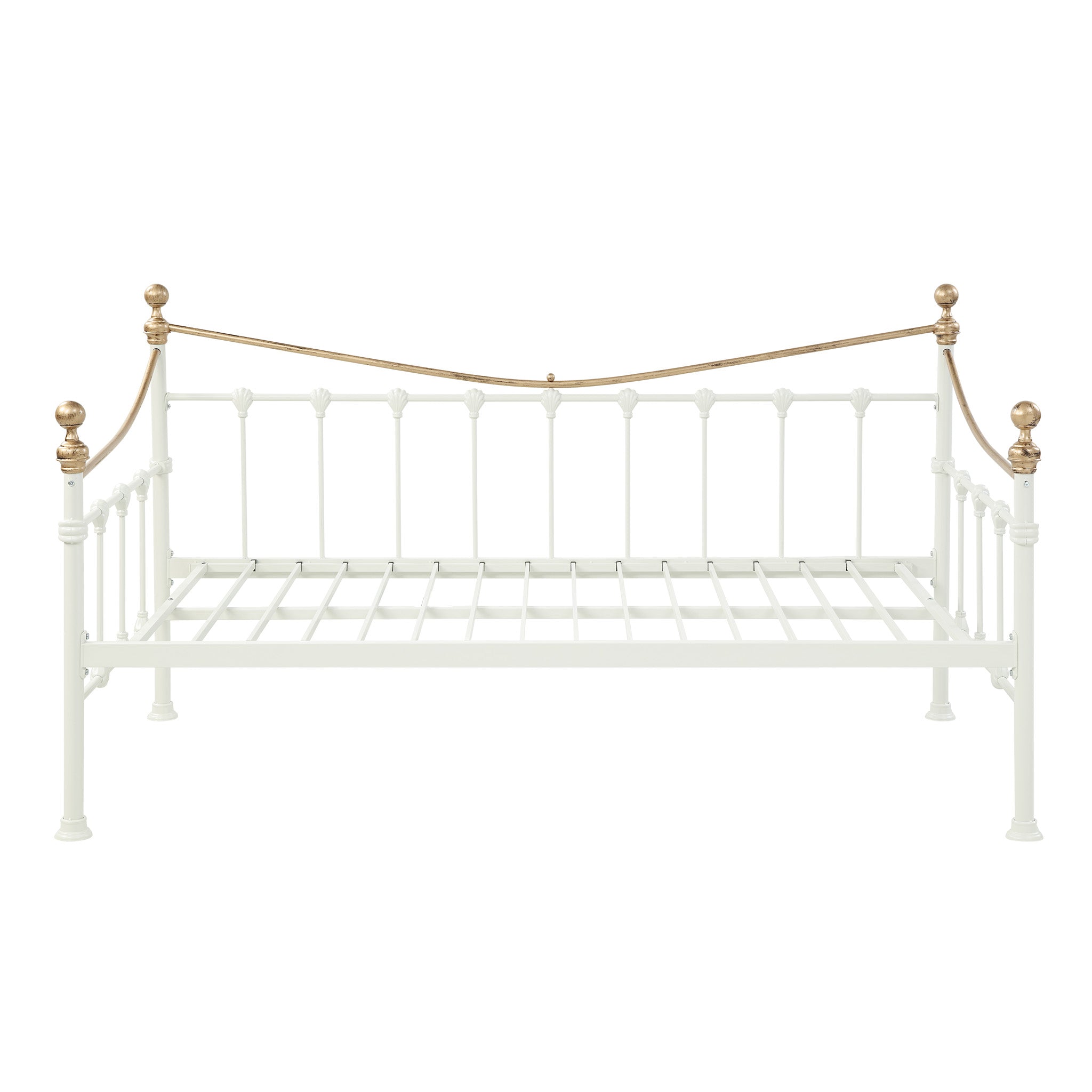 White and brass-coloured metal day bed, against a plain white backdrop.