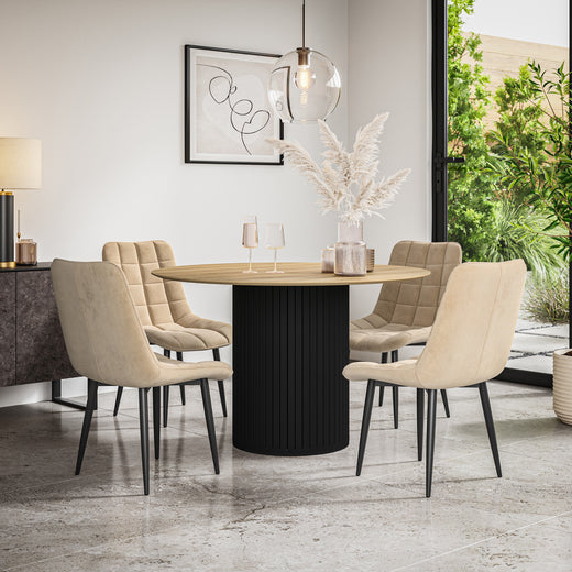 Arlo Oak Tabletop W Black Legs + Nova Velvet Dining Chair Set