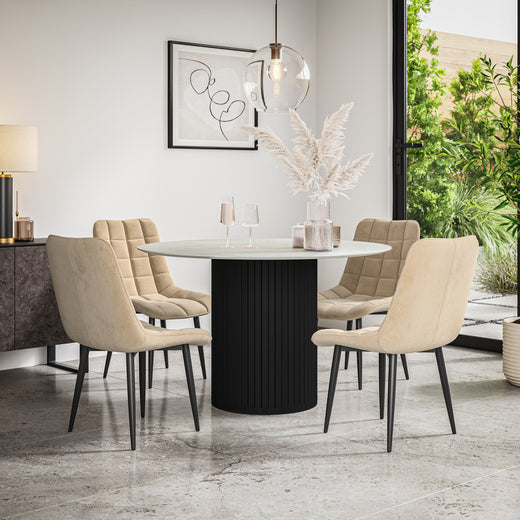Arlo White Marble Tabletop W Black Legs + Nova Velvet Dining Chair Set