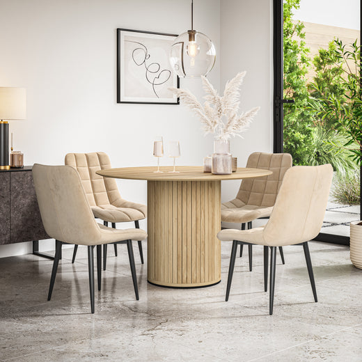 Arlo Oak Tabletop W Oak Legs + Nova Velvet Dining Chair Set
